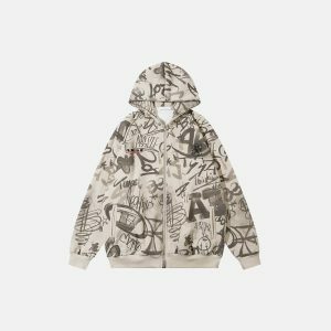 graffiti graphic hoodie zip up youthful urban appeal 3164