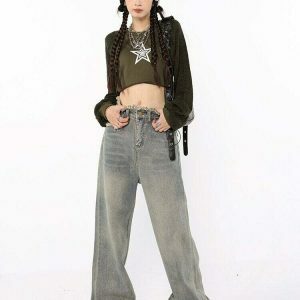 raw edged baggy denim pants washed for a youthful look 4432