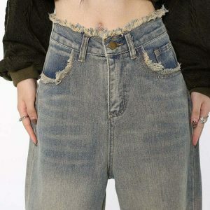 raw edged baggy denim pants washed for a youthful look 4829