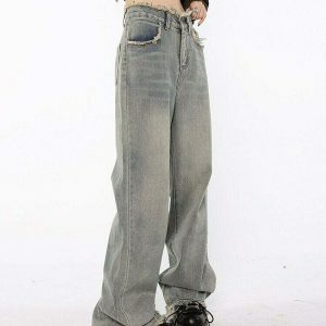 raw edged baggy denim pants washed for a youthful look 5023