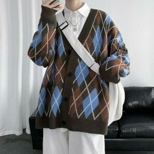 retro argyle cardigan oversized & youthful style 3420