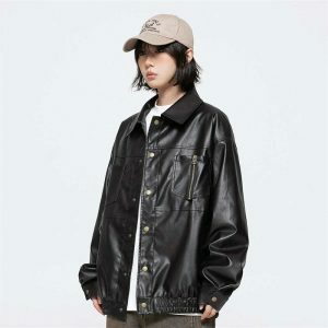 retro black leather jacket waterproof & chic streetwear 2319