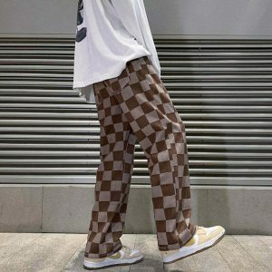 retro brown plaid denim jeans   youthful & edgy streetwear 2823