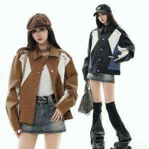 retro color block jacket in pu leather   chic & dynamic 5874