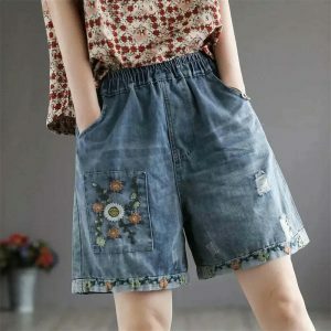 retro floral embroidered denim shorts   chic & youthful 1110