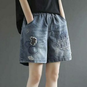retro floral embroidered denim shorts   chic & youthful 2859