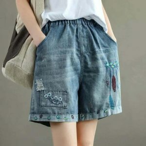 retro floral embroidered denim shorts   chic & youthful 5935