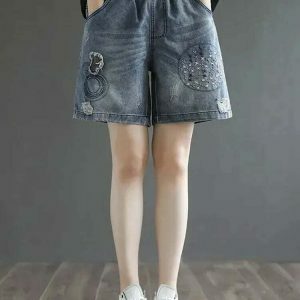 retro floral embroidered denim shorts   chic & youthful 8686