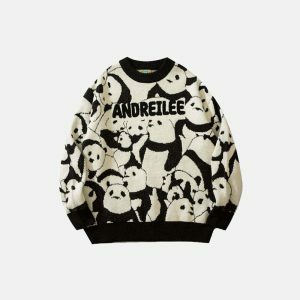 retro panda graphic sweater   youthful & iconic style 7558