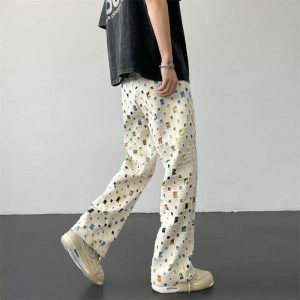 retro plaid hollow out pants   chic & youthful streetwear 1527