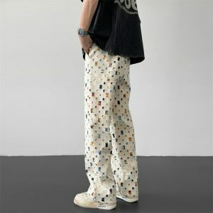 retro plaid hollow out pants   chic & youthful streetwear 7927