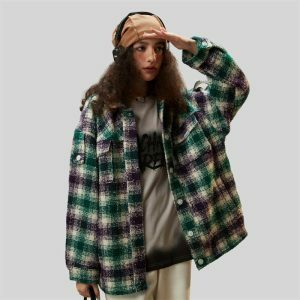 retro plaid shirt oversized cut   vintage & chic appeal 6499