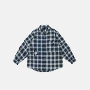 retro plaid shirt with star patch dynamic long sleeves 1867