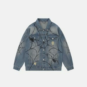 retro spider web denim jacket   edgy & iconic streetwear piece 4224