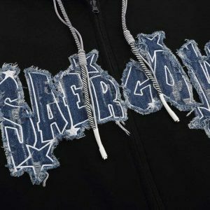 retro star embroidered denim hoodie   youthful & iconic 1626