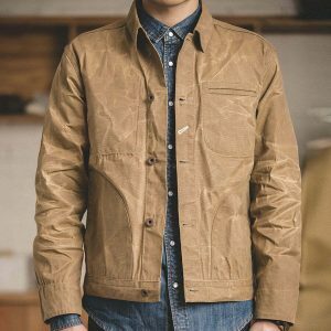 retro waxed khaki jacket   chic casual streetwear essential 4177