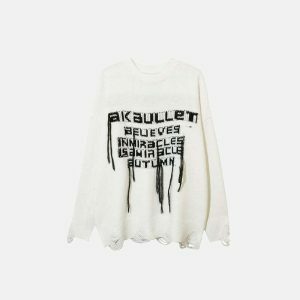 ripped & stitched tassel sweater   knitted urban chic 8715