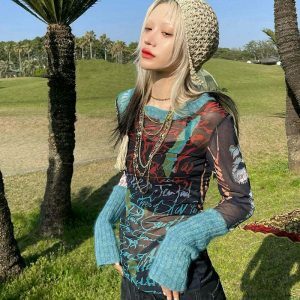 sheer mesh knit top long sleeve youthful elegance 1208