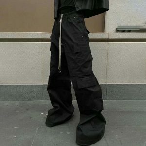 sleek mid waist cargo pants black & versatile streetwear 4633