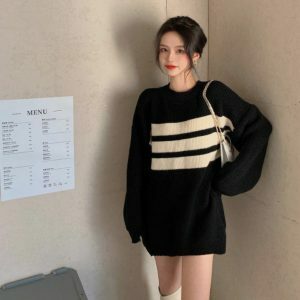 striped knit sweater for women chic & youthful appeal 7625