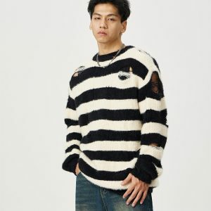 striped ripped knit sweater dynamic urban appeal 4491