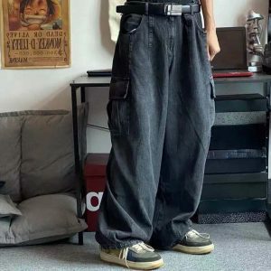 urban baggy cargo denim pants   sleek & youthful style 3977