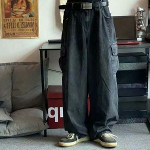 urban baggy cargo denim pants   sleek & youthful style 7579