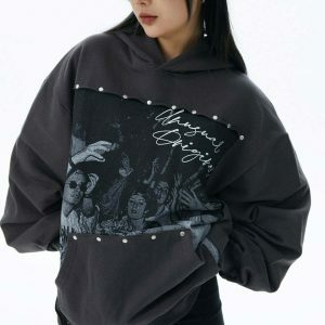 vintage party print hoodie   youthful & dynamic streetwear 3796