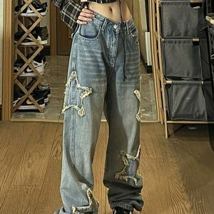 vintage star embroidered jeans high street chic & edgy 8266