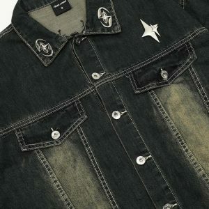 vintage washed denim jacket chic lapel design 2776