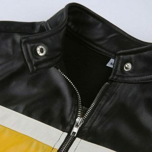 y2k biker patchwork crop jacket   edgy retro streetwear 1390