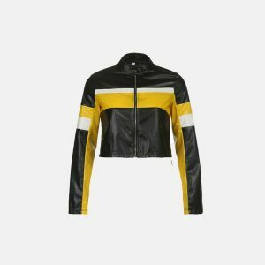 y2k biker patchwork crop jacket   edgy retro streetwear 5905