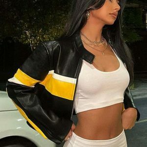 y2k biker patchwork crop jacket   edgy retro streetwear 7693