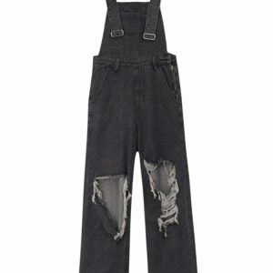 y2k black denim jumpsuit wideleg & edgy ripped design 5471