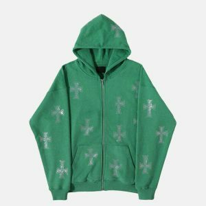 y2k cross print hoodie zipup   urban & trendy style 1814