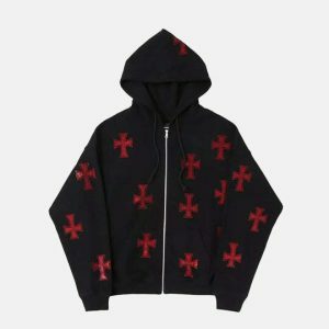 y2k cross print hoodie zipup   urban & trendy style 2993