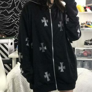 y2k cross print hoodie zipup   urban & trendy style 8462