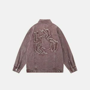 y2k embroidered spider patch denim jacket iconic & edgy 1489
