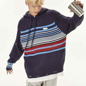 y2k knit striped sweater with holes   youthful & edgy 4363