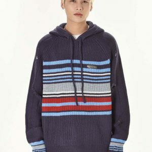 y2k knit striped sweater with holes   youthful & edgy 8828