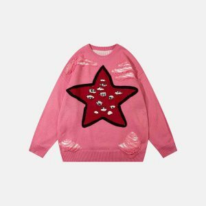 y2k ripped star sweater loose fit   youthful & edgy style 2690