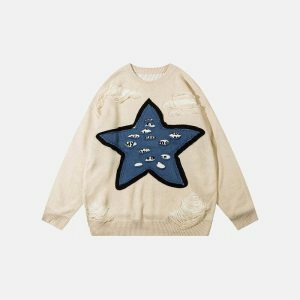 y2k ripped star sweater loose fit   youthful & edgy style 4477