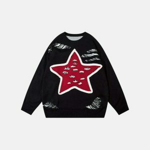 y2k ripped star sweater loose fit   youthful & edgy style 6311