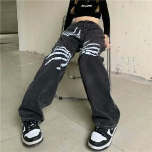 y2k skeleton hand print jeans edgy & youthful streetwear 2671