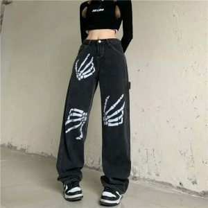 y2k skeleton hand print jeans edgy & youthful streetwear 6908