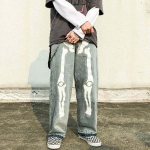 y2k skeleton print jeans baggy & edgy streetwear icon 7807