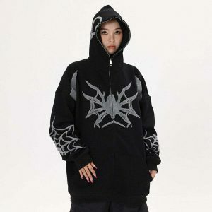 y2k spider embroidered hoodie zip up edgy streetwear 2938