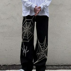 y2k spider web pants   sleek black design & edgy appeal 1134