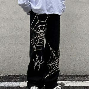 y2k spider web pants   sleek black design & edgy appeal 1166
