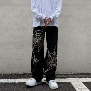 y2k spider web pants   sleek black design & edgy appeal 2649